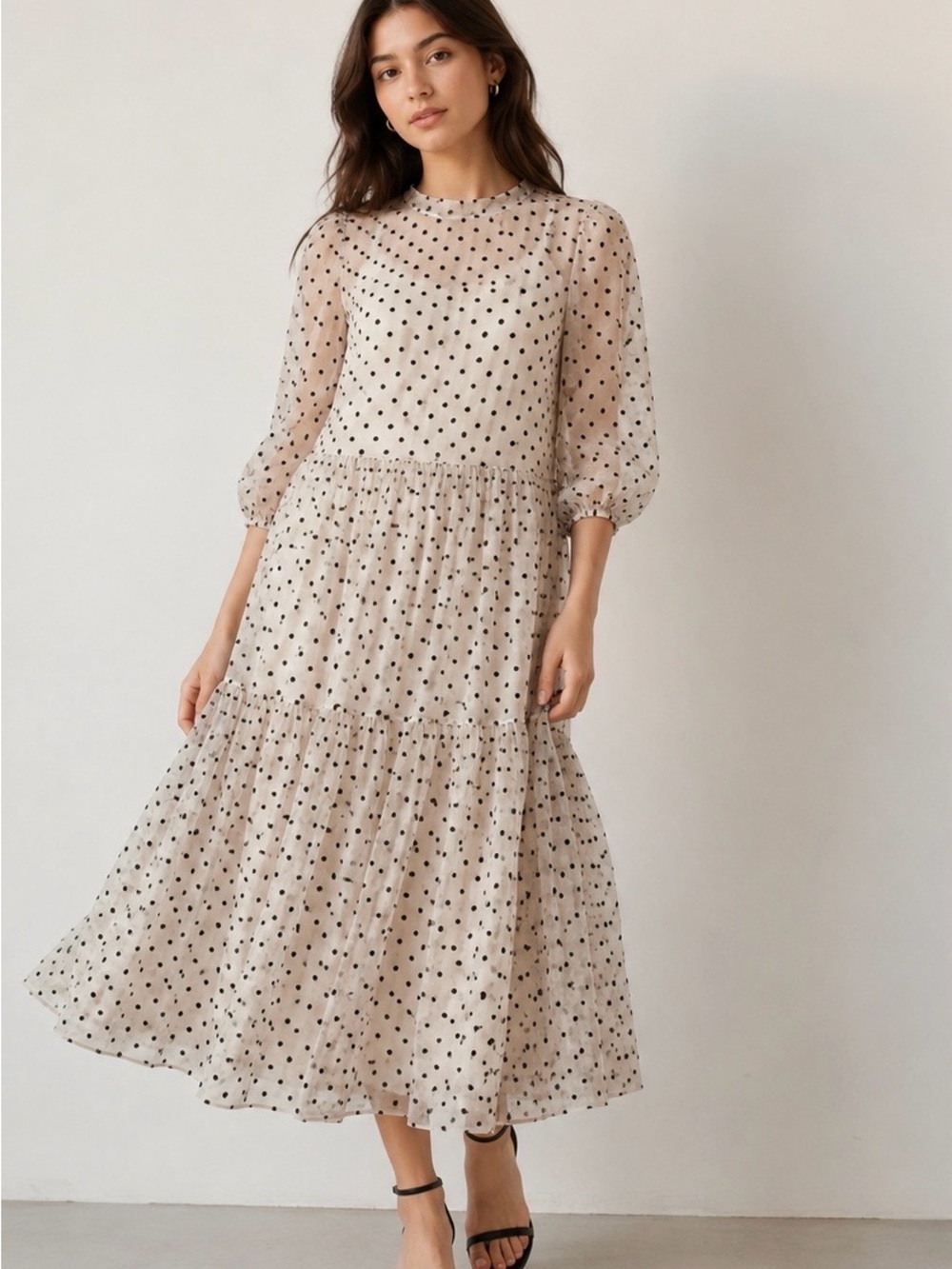H&M Beige Midi Dress with Black Polka Dots